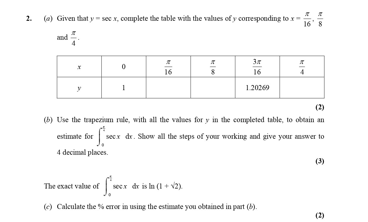 Given-that-$y-=--ext{sec}-\,-x$,-complete-the-table-with-the-values-of-$y$-corresponding-to-$x-=-\frac{\pi}{16}$,-$\frac{\pi}{8}$-and-$\frac{\pi}{4}$-Edexcel-A-Level Maths Pure-Question 5-2006-Paper 7.png